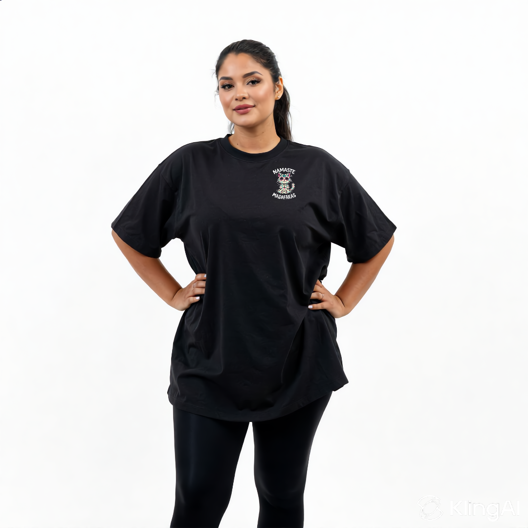 Woman wearing Namaste oversized black graphic tee plus size Australian streetwear brand Bae Bands