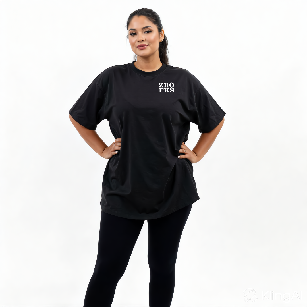 Woman wearing Zero Fucks oversized black graphic tee plus size Australian streetwear brand Bae Bands