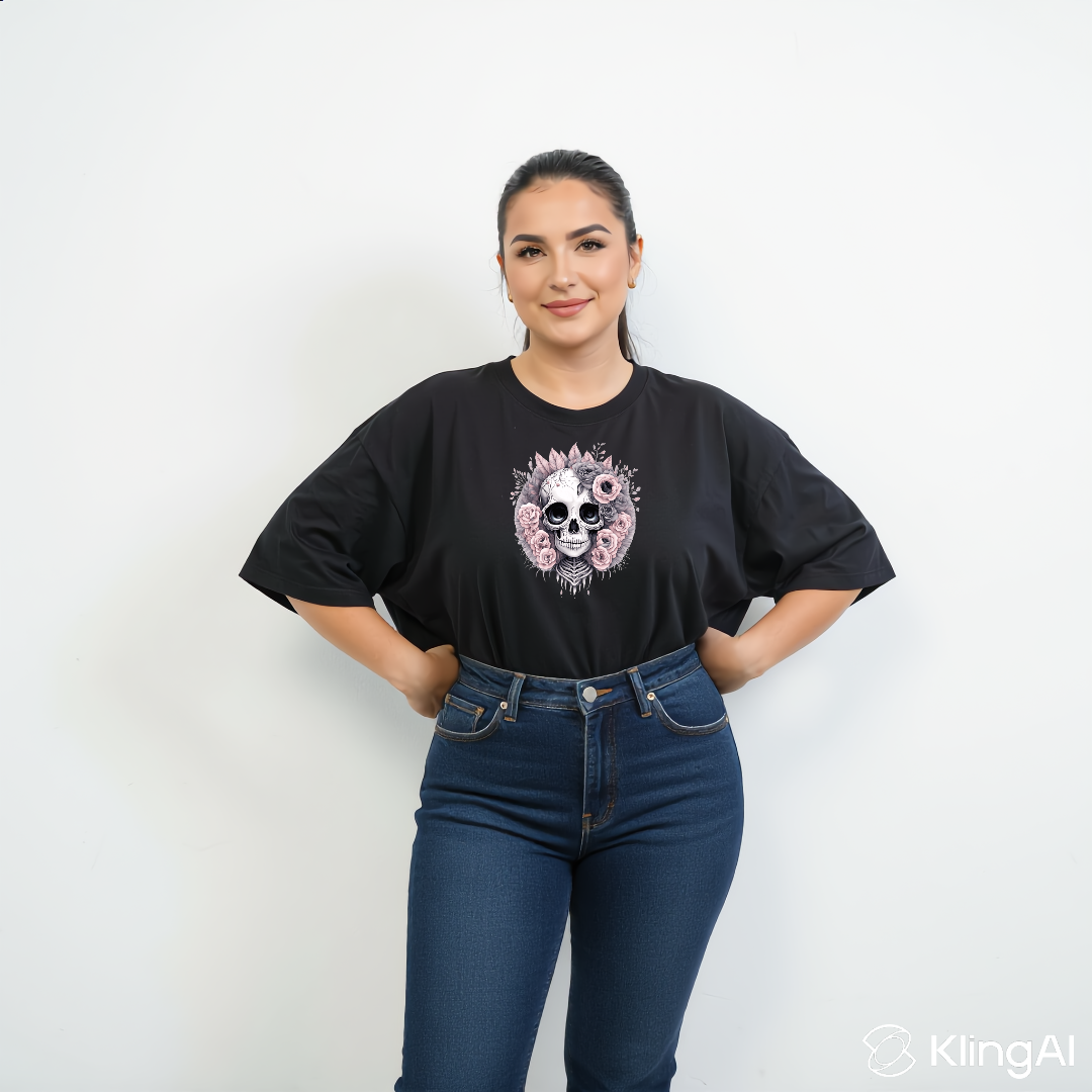 Roses and Bones detailed skull and pink roses graphic print oversized black cotton tee women's Australia