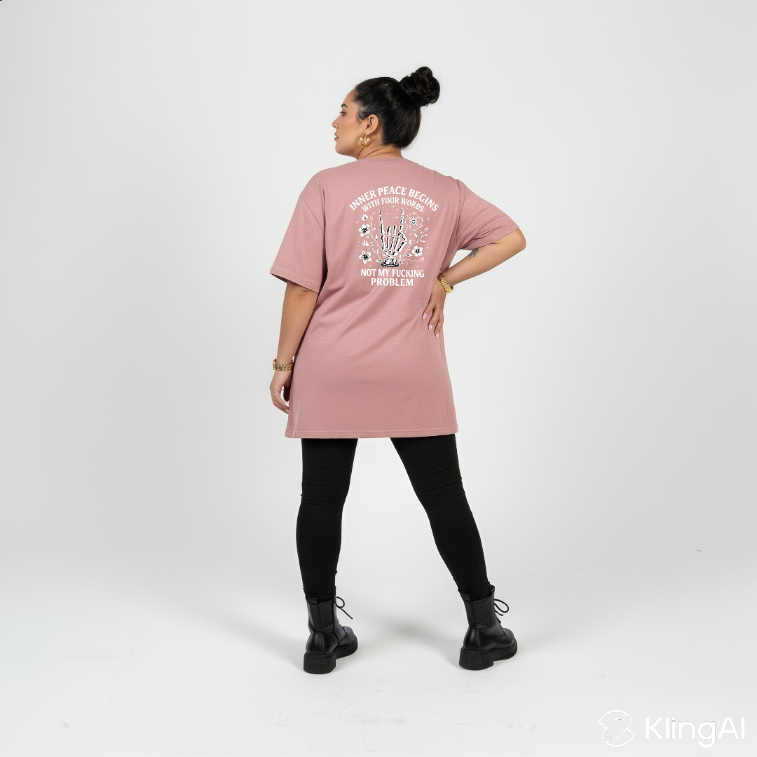 Woman wearing Inner Peace straight fit dusty pink graphic tee Australian plus size streetwear Bae Bands