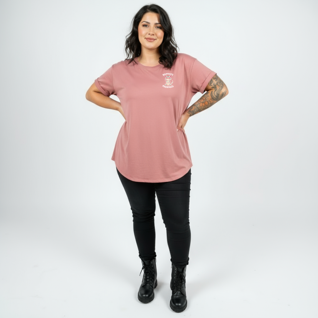 Woman wearing Namaste straight fit dusty pink graphic tee Australian plus size streetwear Bae Bands