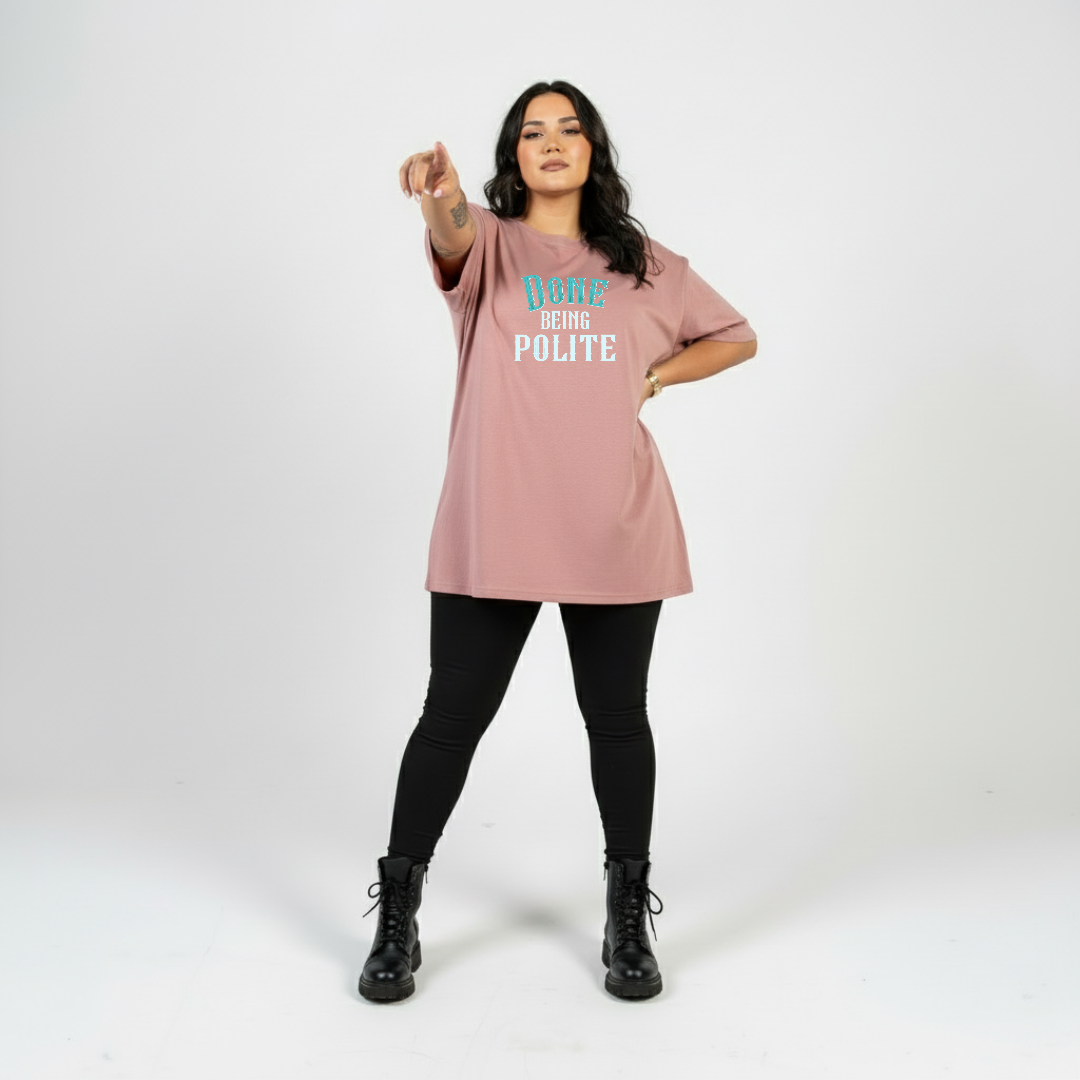Done Being Polite College oversized dusty pink graphic tee women's streetwear Australia sizes 10-24 Bae Bands