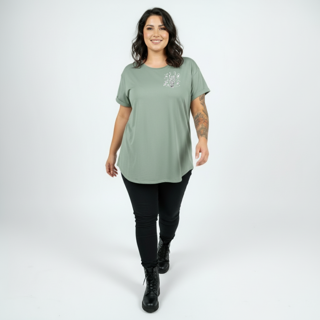 Woman wearing Inner Peace straight fit slate green graphic tee Australian plus size streetwear Bae Bands