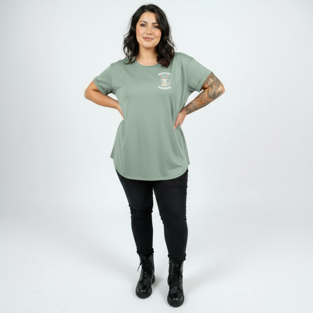 Woman wearing Namaste straight fit slate green graphic tee Australian plus size streetwear Bae Bands