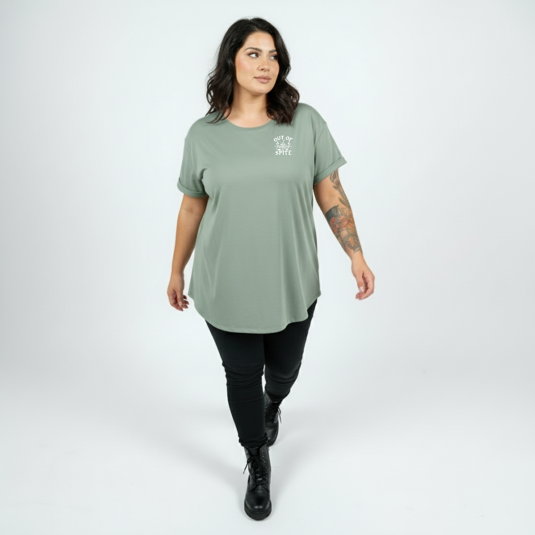 Woman wearing Surviving straight fit slate green graphic tee Australian plus size streetwear Bae Bands