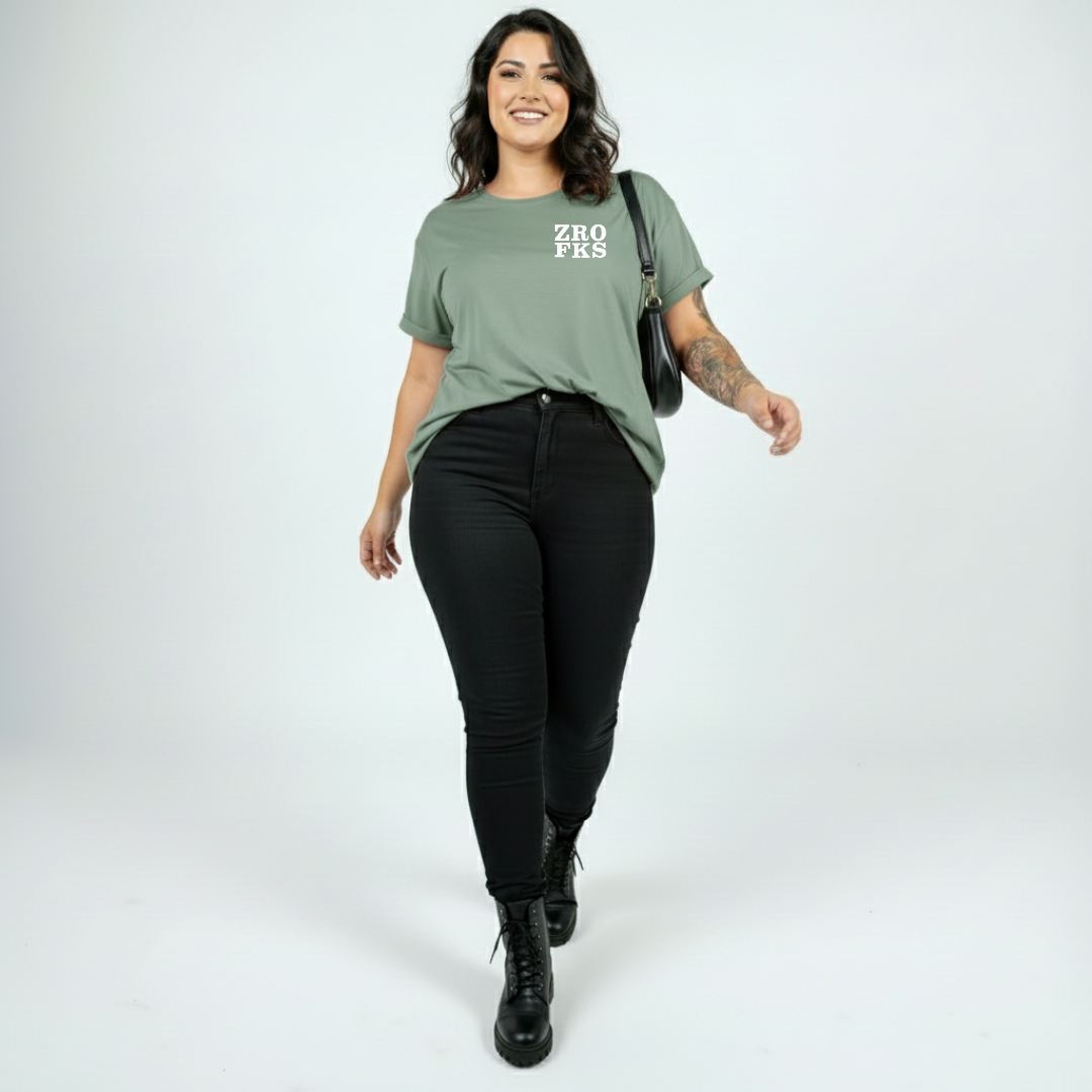 Woman wearing Zero Fucks straight fit slate green graphic tee Australian plus size streetwear Bae Bands