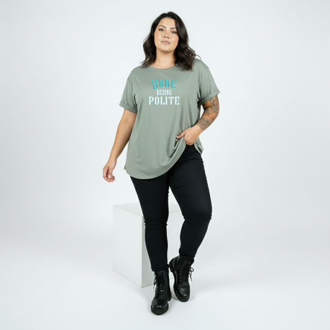 Done Being Polite College oversized slate green graphic tee women's streetwear Australia sizes 10-24 Bae Bands