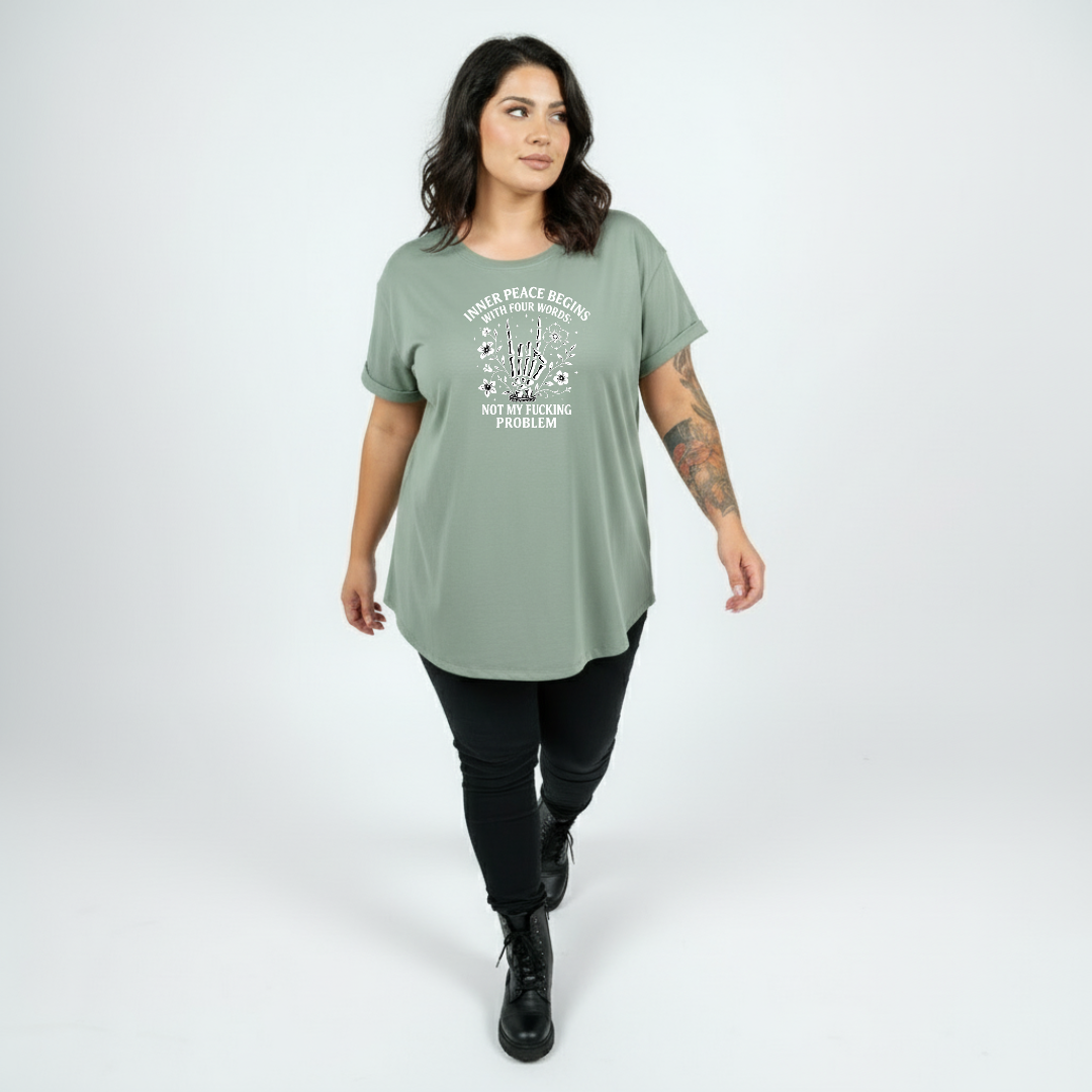 Inner Peace bold graphic print detail straight fit slate green cotton tee women's streetwear Australia