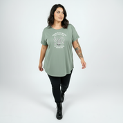 Inner Peace bold graphic print detail straight fit slate green cotton tee women's streetwear Australia