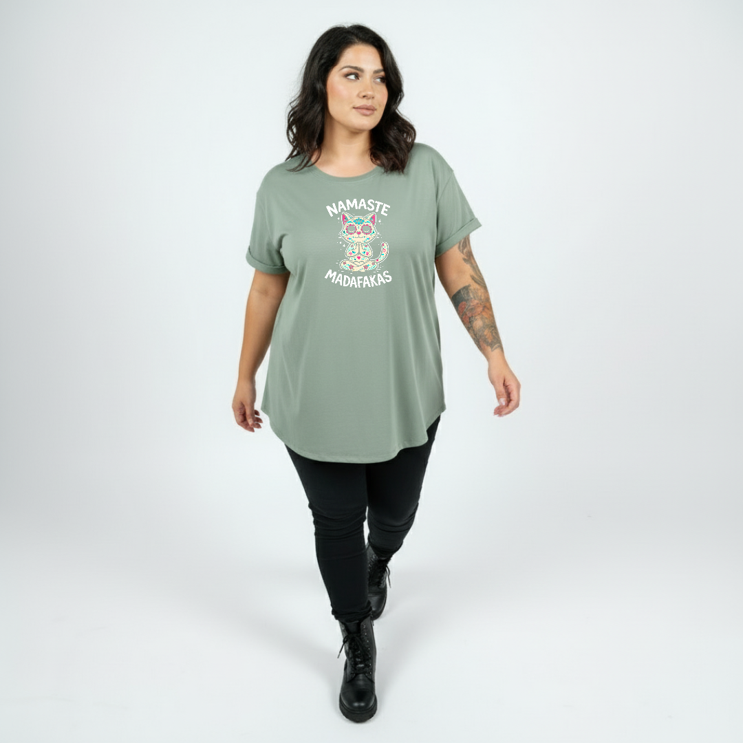 Woman wearing Namaste straight fit slate green graphic tee Australian plus size streetwear Bae Bands