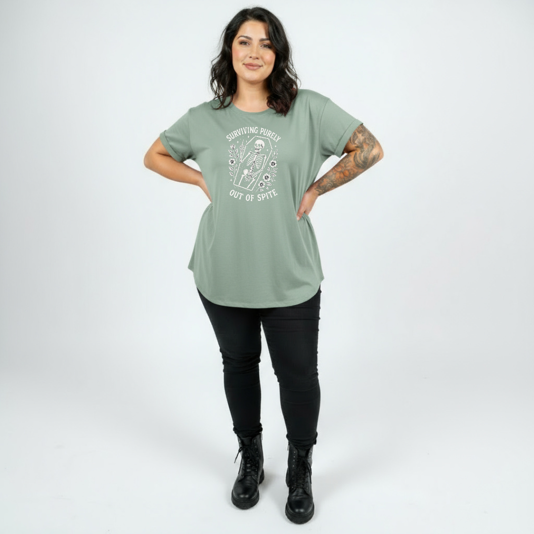 Surviving bold graphic print detail straight fit slate green cotton tee women's streetwear Australia