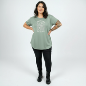 Surviving bold graphic print detail straight fit slate green cotton tee women's streetwear Australia