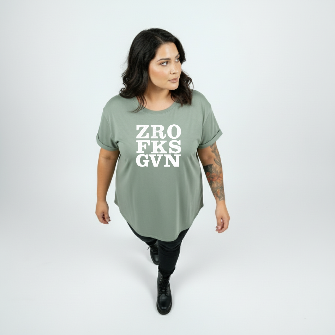Zero Fucks straight fit slate green graphic tee women's streetwear Australia sizes 10-24 Bae Bands