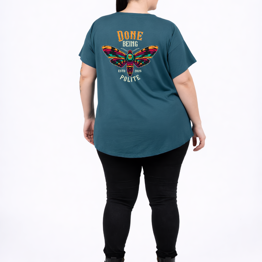 Done Being Polite oversized teal graphic tee women's streetwear Australia sizes 10-24 Bae Bands