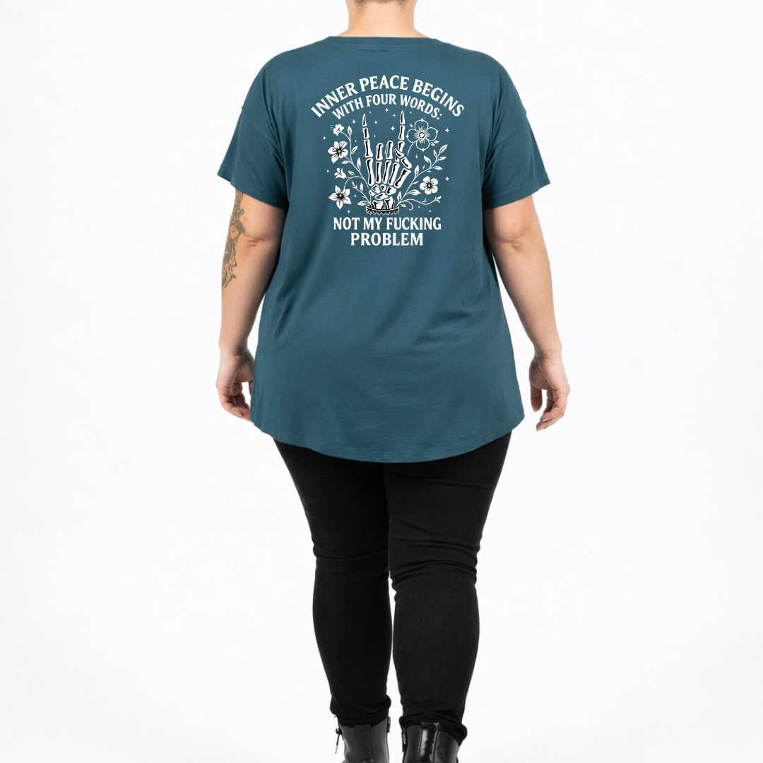 Inner Peace bold graphic print detail straight fit teal cotton tee women's streetwear Australia