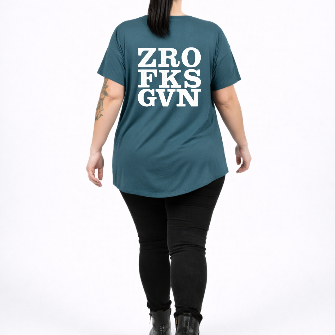 Zero Fucks straight fit teal graphic tee women's streetwear Australia sizes 10-24 Bae Bands