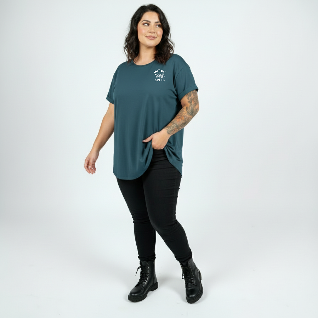 Woman wearing Surviving straight fit teal graphic tee Australian plus size streetwear Bae Bands