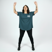 Woman wearing Zero Fucks straight fit teal graphic tee Australian plus size streetwear Bae Bands