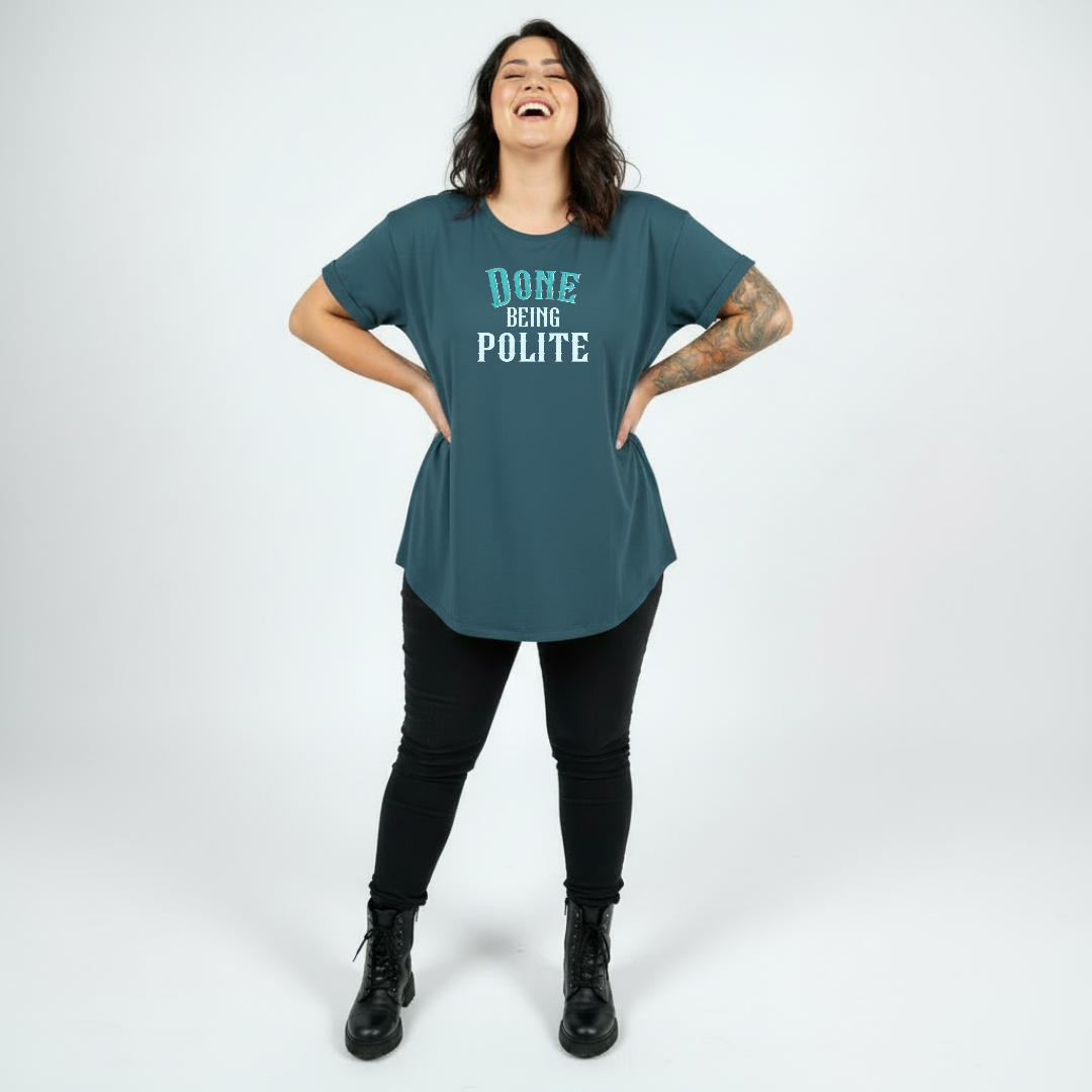 Done Being Polite College oversized teal graphic tee women's streetwear Australia sizes 10-24 Bae Bands
