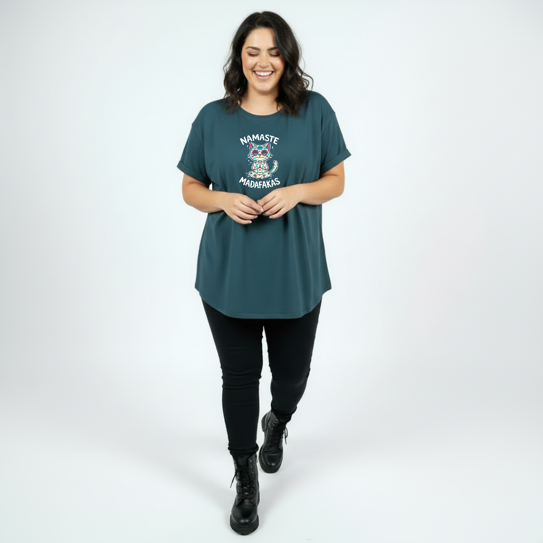 Woman wearing Namaste straight fit teal graphic tee Australian plus size streetwear Bae Bands