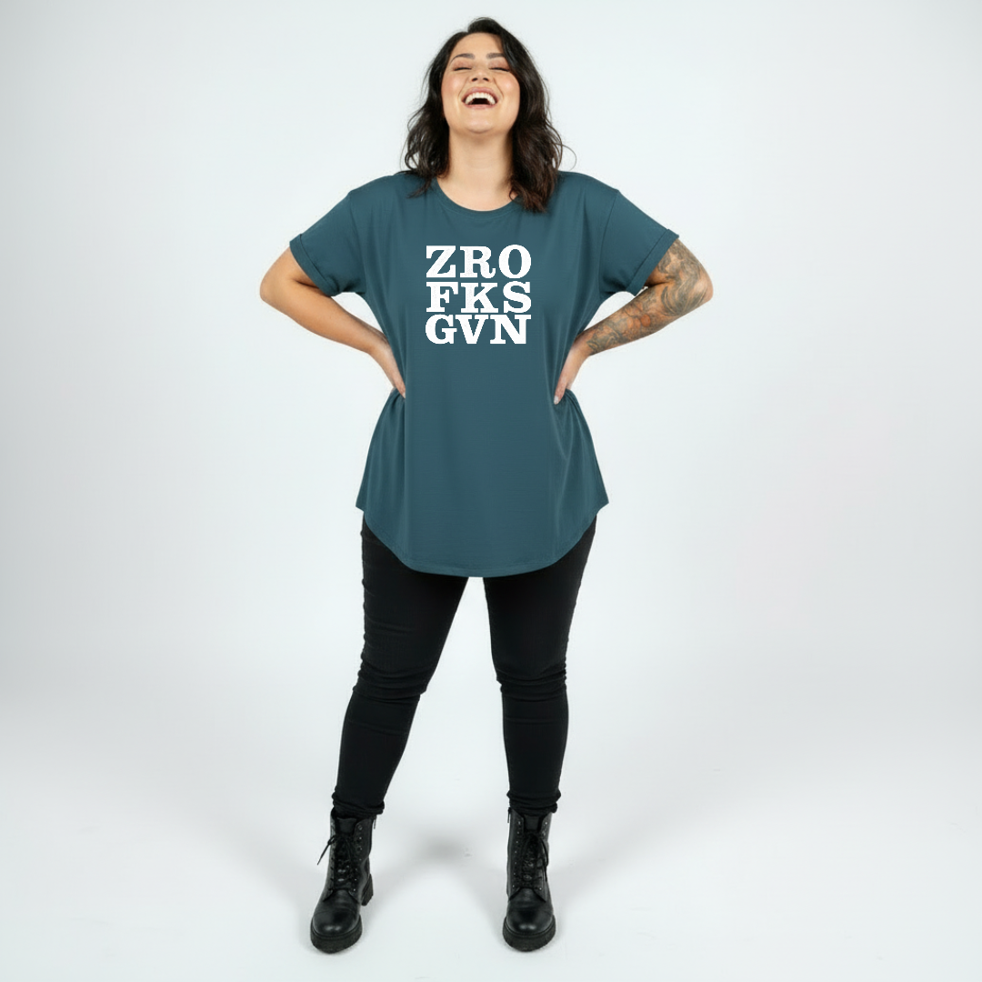 Zero Fucks bold graphic print detail straight fit teal cotton tee women's streetwear Australia