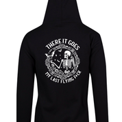 Black zip up hoodie back print of a skeleton with bats reading There it goes, my last flying f*ck