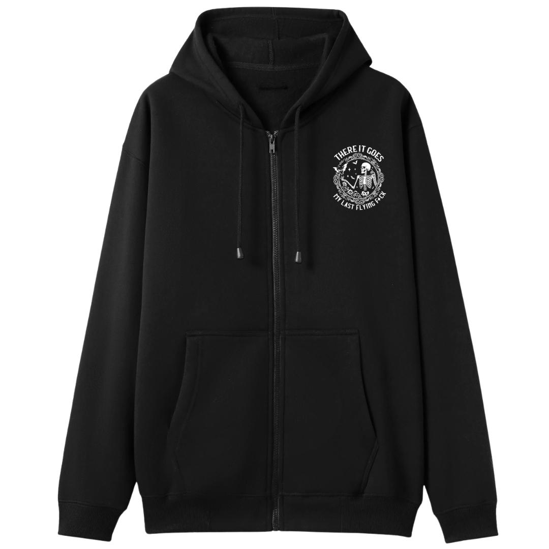 Black zip up hoodie front chest print of a skeleton with bats reading There it goes, my last flying f*ck