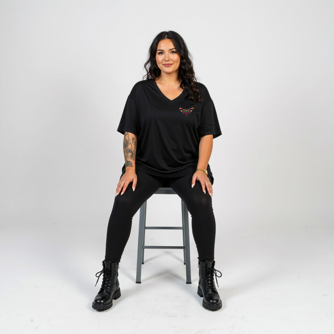 Done Being Polite bold graphic print detail oversized black V neck cotton tee plus size women's Australia