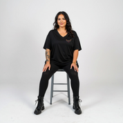 Done Being Polite bold graphic print detail oversized black V neck cotton tee plus size women's Australia