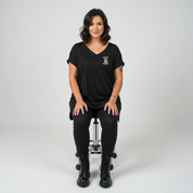 Namaste bold graphic print detail oversized black V neck cotton tee plus size women's Australia
