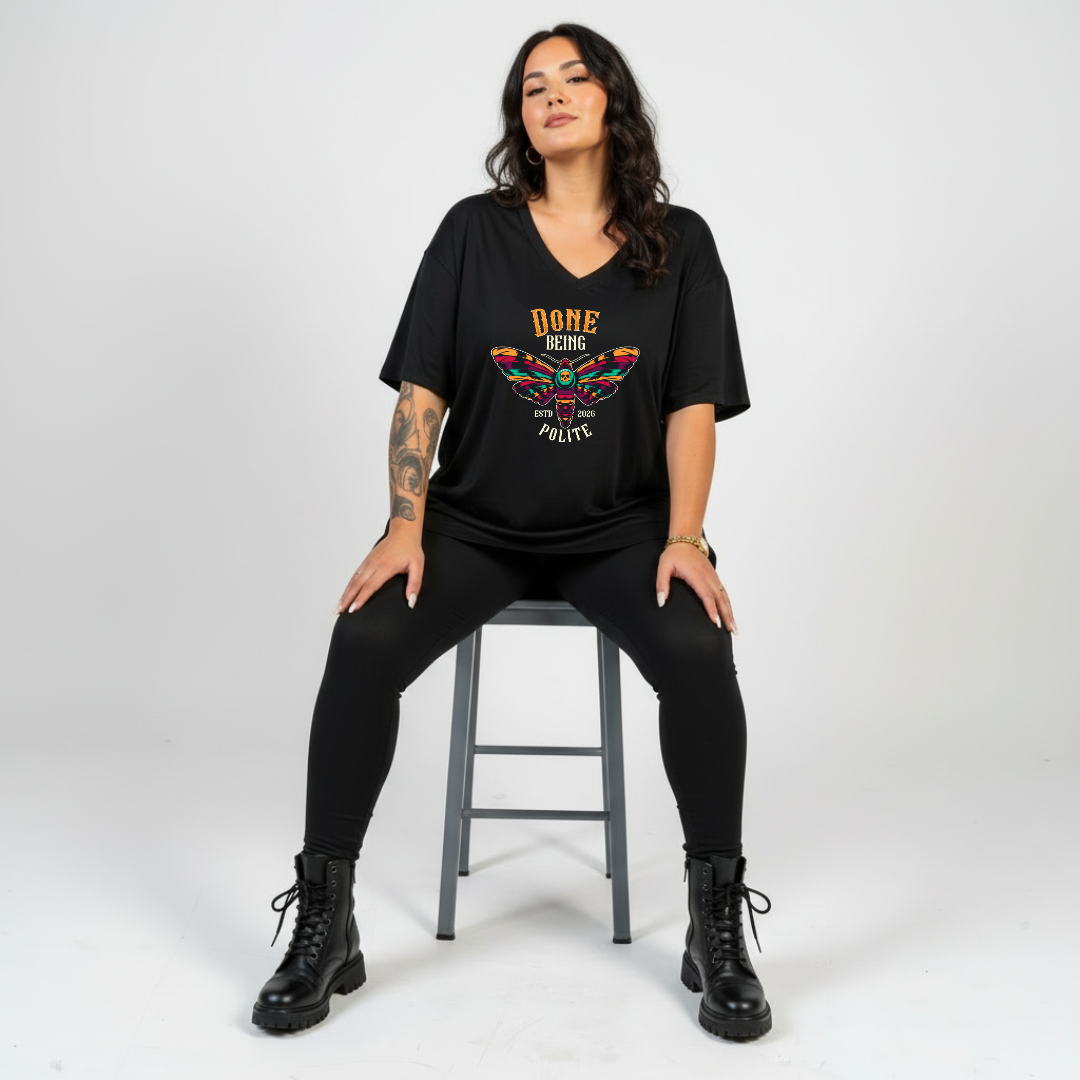 Done Being Polite oversized black V neck graphic tee women's plus size streetwear Australia sizes 10-24 Bae Bands