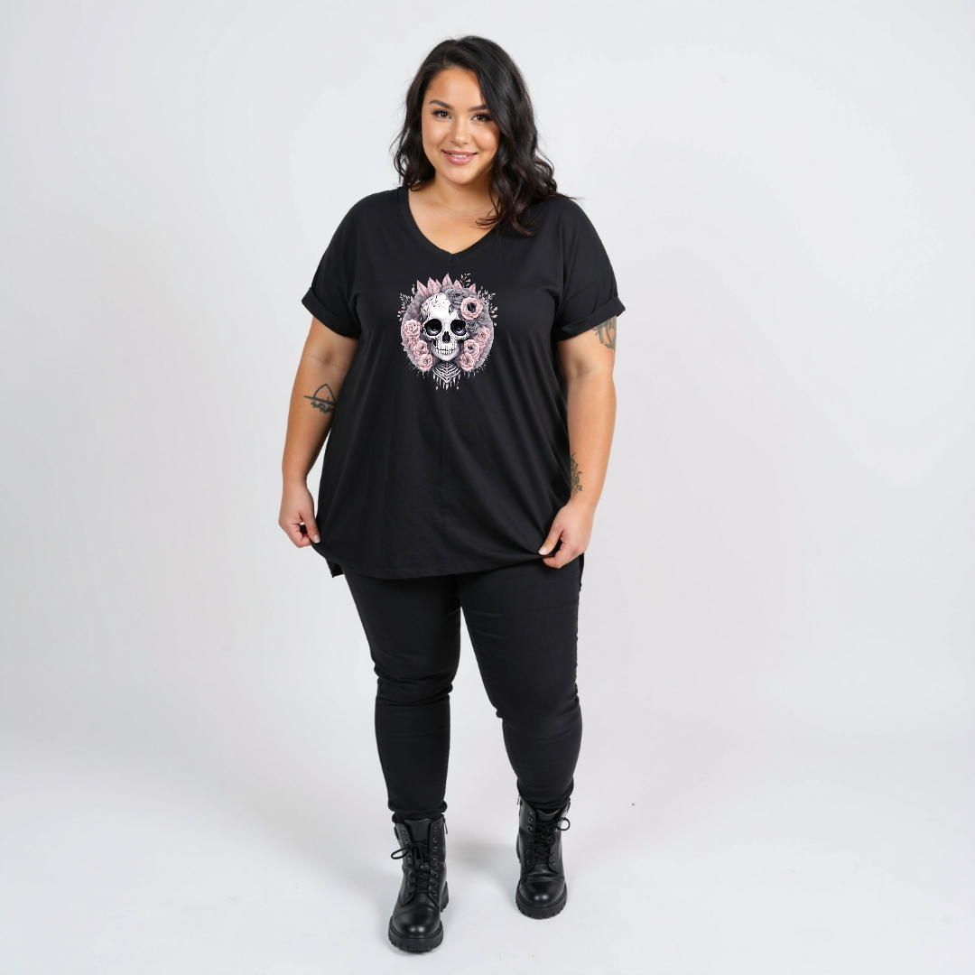 Roses and Bones skull graphic oversized black V neck tee women's plus size streetwear Australia sizes 10-24 Bae Bands