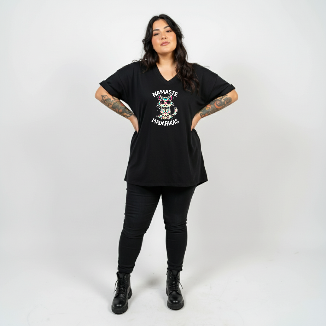 Woman wearing Namaste oversized black V neck graphic tee plus size Australian streetwear brand Bae Bands