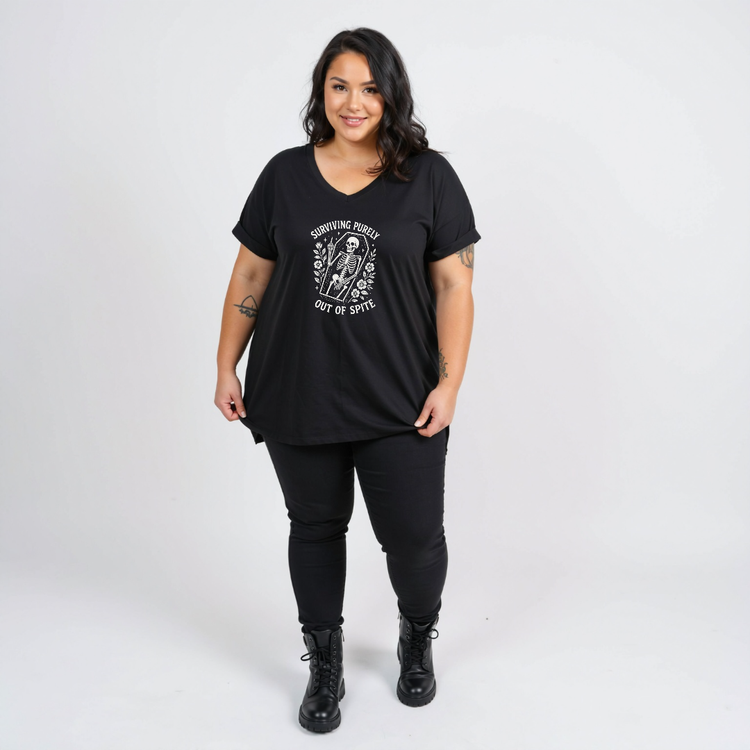 Surviving oversized black V neck graphic tee women's plus size streetwear Australia sizes 10-24 Bae Bands