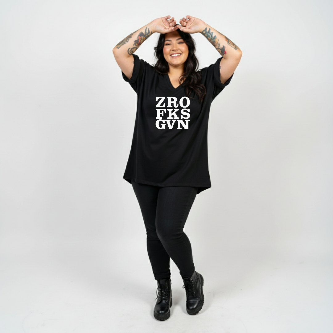 Zero Fucks oversized black V neck graphic tee women's plus size streetwear Australia sizes 10-24 Bae Bands