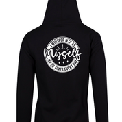 Black zip up hoodie back print reading I whisper WTF to myself like 20 times every day