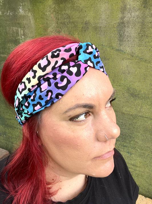 Rainbow Leopard Twist Headband with Elastic