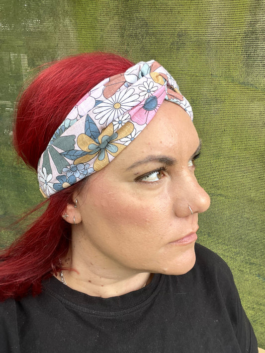 70's Floral Twist Headband with Elastic