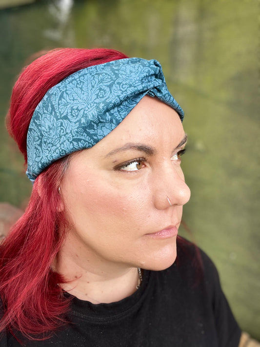 Blue Floral Twist Headband with Elastic
