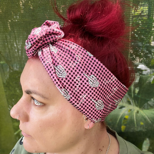 Pink Gingham F Off Skeleton Finger Wired Head Wrap