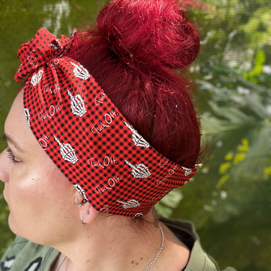 Red Gingham F Off Skeleton Finger Wired Head Wrap